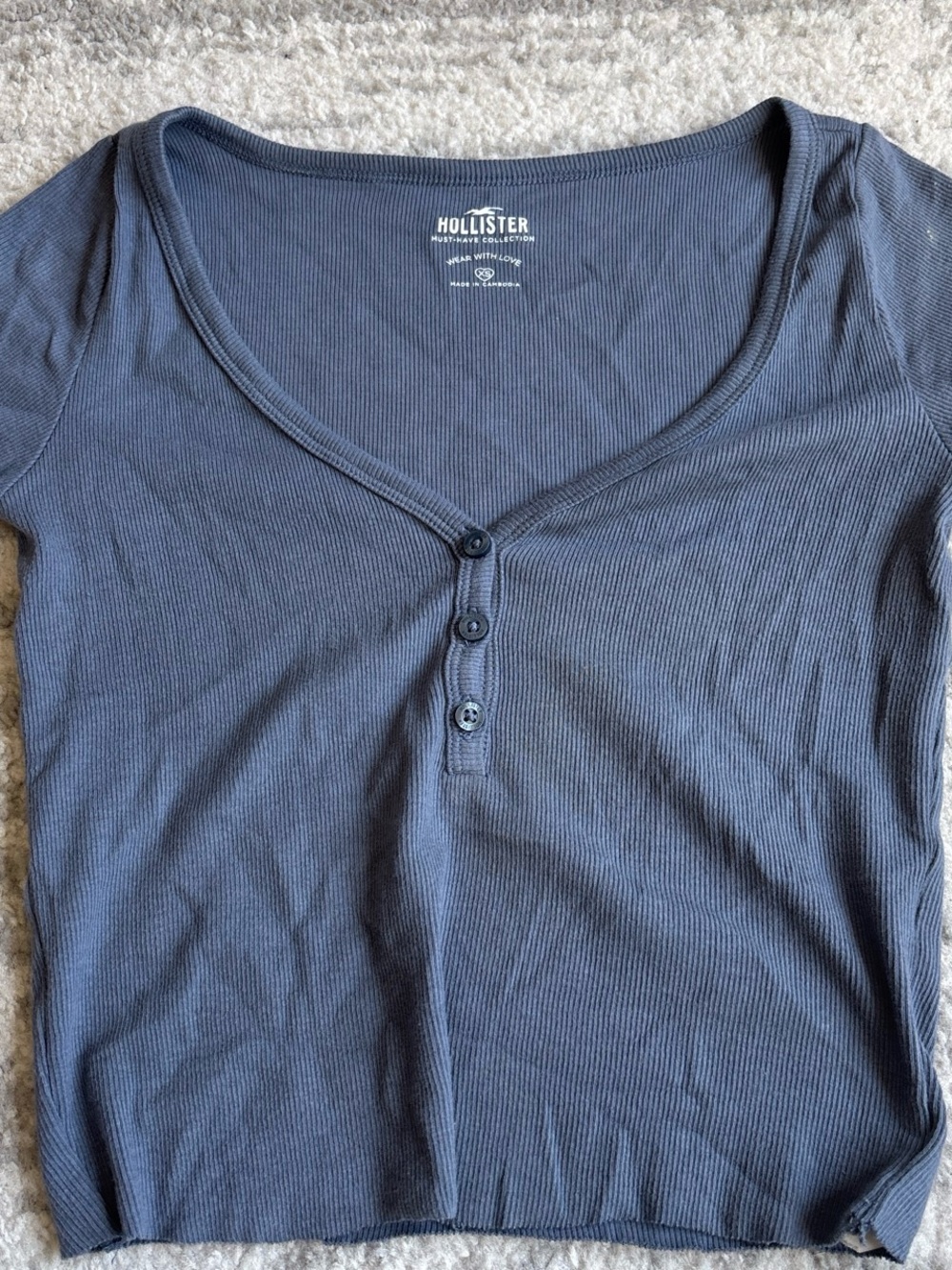 Hollister Navy Ribbed Henley Crop Top with Scoop Neck